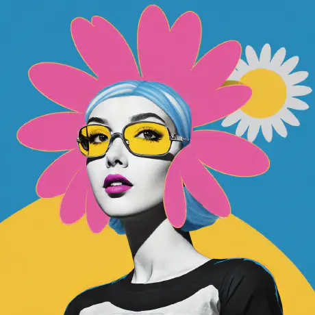 Daisy Woman A woman with blue hair and sunglasses with a pink flower drawn around her head.