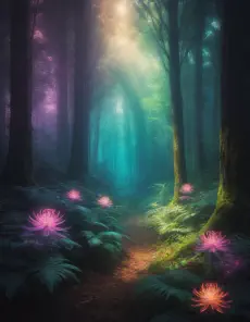 Ethereal Forest A path in the middle of a dark ethereal forest with glowing flowers.