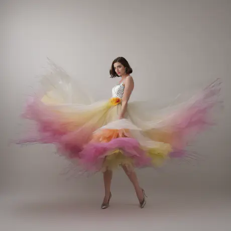Flowing Tulle Dress A young woman wearing a colorful dress. The dress is made up of multiple layers of tulle in shades of pink, yellow, and white.