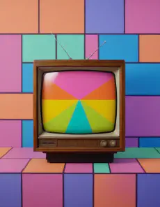 Retro TV Series A retro television set sitting on top of a colorful tiled floor.
