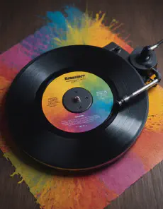 Paint Spattered Vinyl A turntable with a vinyl record on it and a colorful splatter of paint around them.